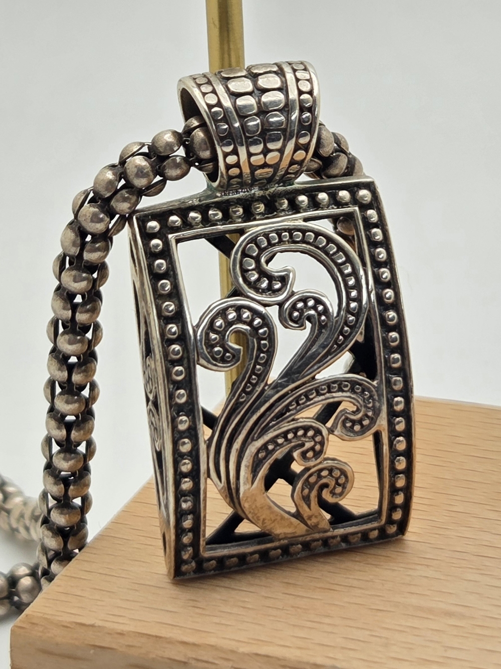 Sterling Silver 925 Thailand Openwork Scroll Pendant Necklace 16.5" Popcorn Chai